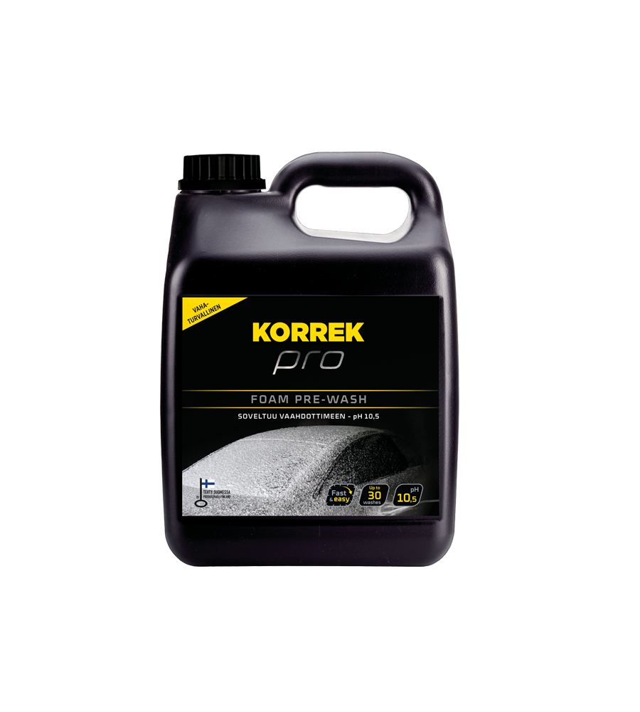 Kuva esittää mustaa muovista KORREK Pro Foam Pre-wash 3L -esipesusuihketta. Tuote on tarkoitettu auton ulkopintojen esipesuun.