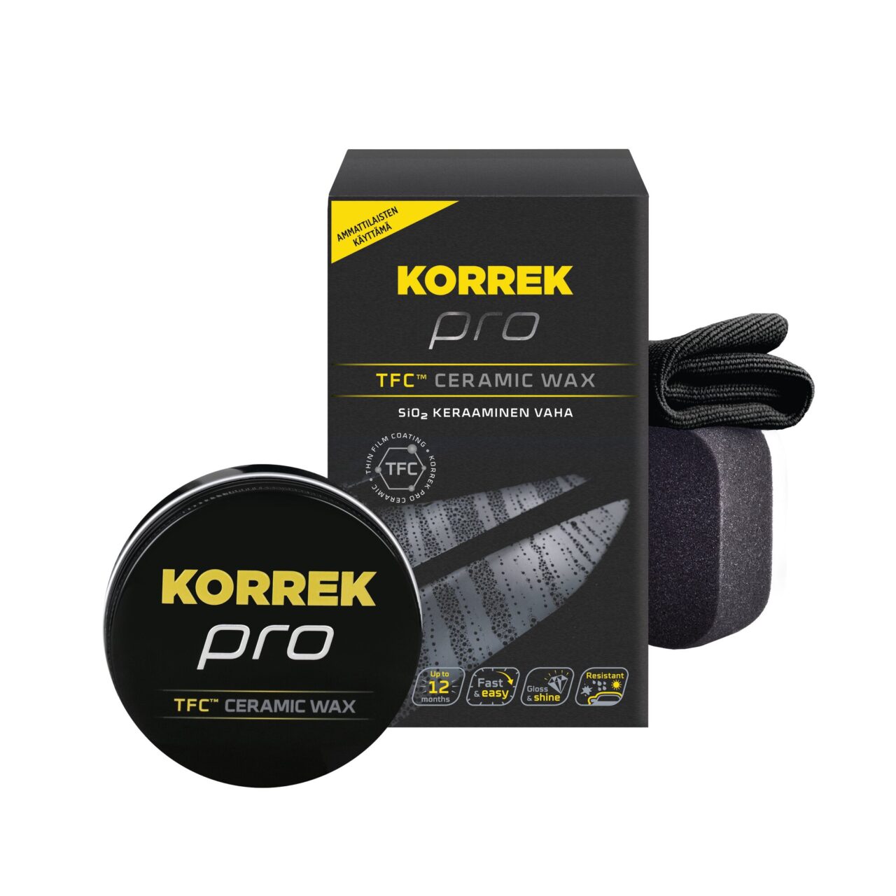 KORREK Pro TFC™ Ceramic Wax 150 g -tuotepaketti, jossa musta laatikko, musta käyttöastia ja mustat käsineet.