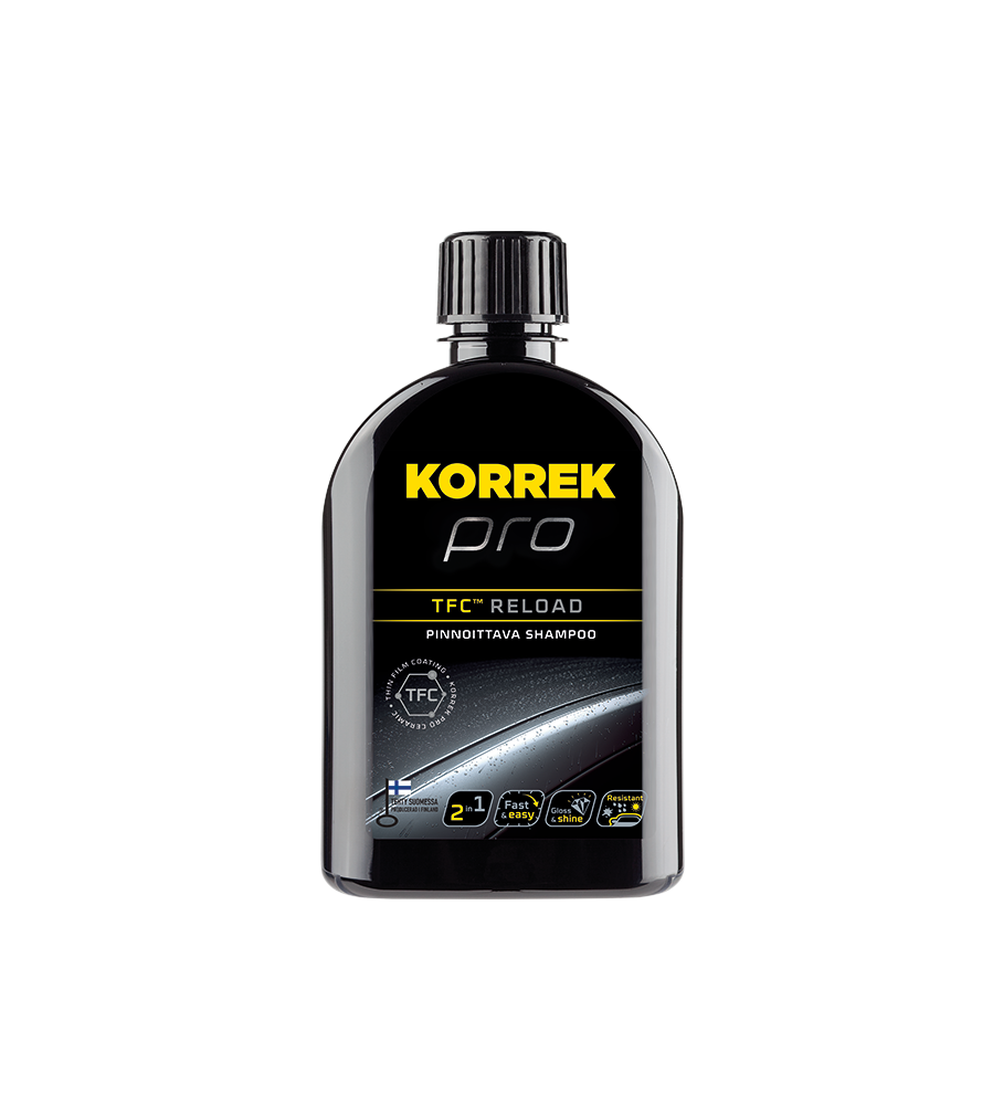 Korrek Pro TFC RELOAD Pinnoittava Shampoo musta pullo, joka pesee autoa ja ylläpitää ceramic-pinnoitteen suojaavia ominaisuuksia.