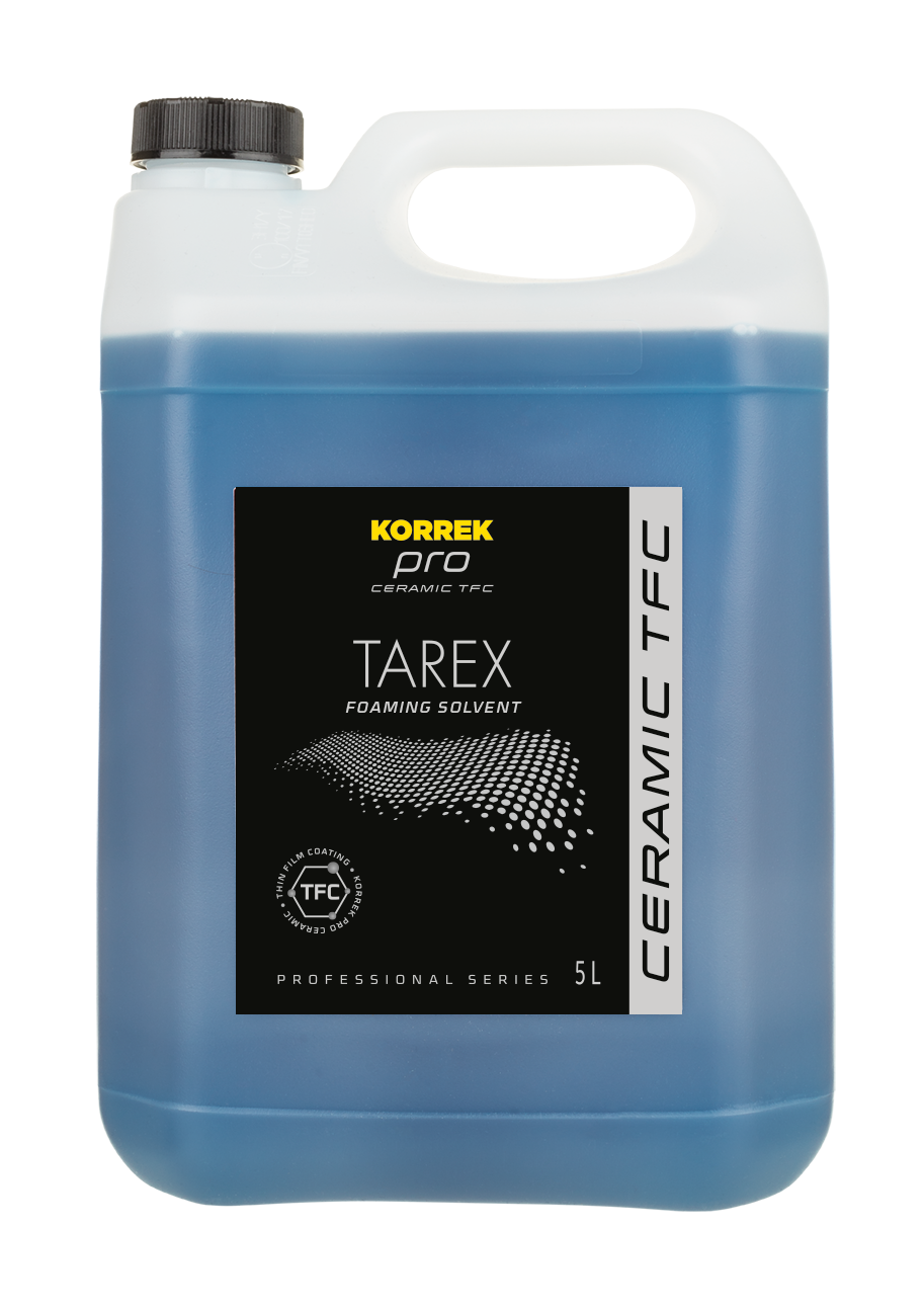 Sininen KORREK Pro Ceramic TFC Tarex 5L -säiliö, jossa on musta etiketti. Tuote on ammattikäyttöön suunniteltu teho- ja liuotinpesuaine.