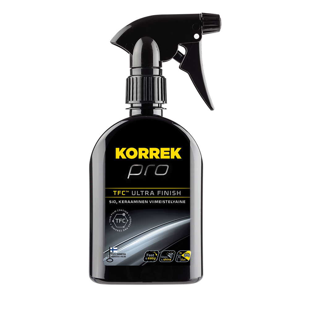 Musta Korrek Pro TFC ULTRA FINISH keraaminen viimeistelyaine trigger-spraylla, SiO₂-pinnoite autojen pinnoitteen kirkastamiseen ja suojaamiseen.